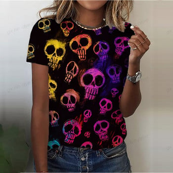 Scary Flower Skull Print Καλοκαιρινό γυναικείο μπλουζάκι με λαιμόκοψη κοντό μανίκι Street Cool μπλουζάκια Tees Γυναικεία ρούχα υπερμεγέθη casual τοπ