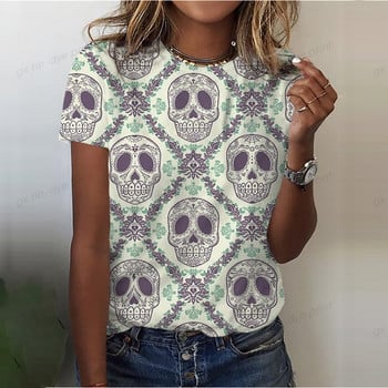 Scary Flower Skull Print Καλοκαιρινό γυναικείο μπλουζάκι με λαιμόκοψη κοντό μανίκι Street Cool μπλουζάκια Tees Γυναικεία ρούχα υπερμεγέθη casual τοπ