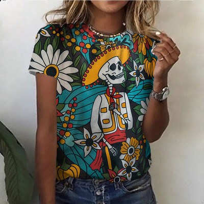 Tricou de vară cu imprimeu cu crani cu flori înfricoșătoare Tricou de damă cu decolteu cu mânecă scurtă Topuri cool de stradă Tricouri Îmbrăcăminte supradimensionată pentru femei Top casual