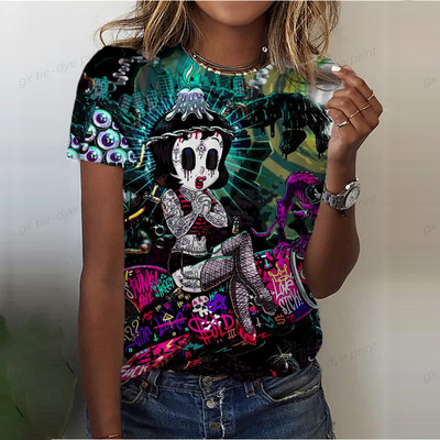 Tricou de vară cu imprimeu cu crani cu flori înfricoșătoare Tricou de damă cu decolteu cu mânecă scurtă Topuri cool de stradă Tricouri Îmbrăcăminte supradimensionată pentru femei Top casual