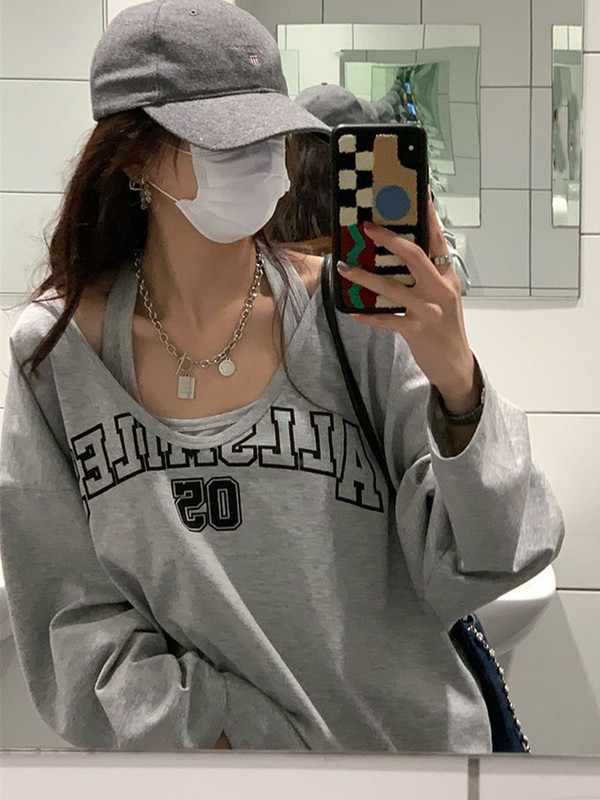 Dámske tričká Y2K Oversized s dlhým rukávom, mikina s potlačou písmen a potlačou, dámske ležérne voľné topy Harajuku, dvojdielna súprava