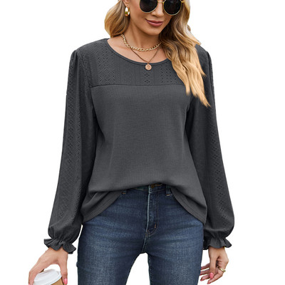 Dámske voľné ležérne tričko s dlhým rukávom na jar a jeseň, okrúhly výstrih, jednofarebné