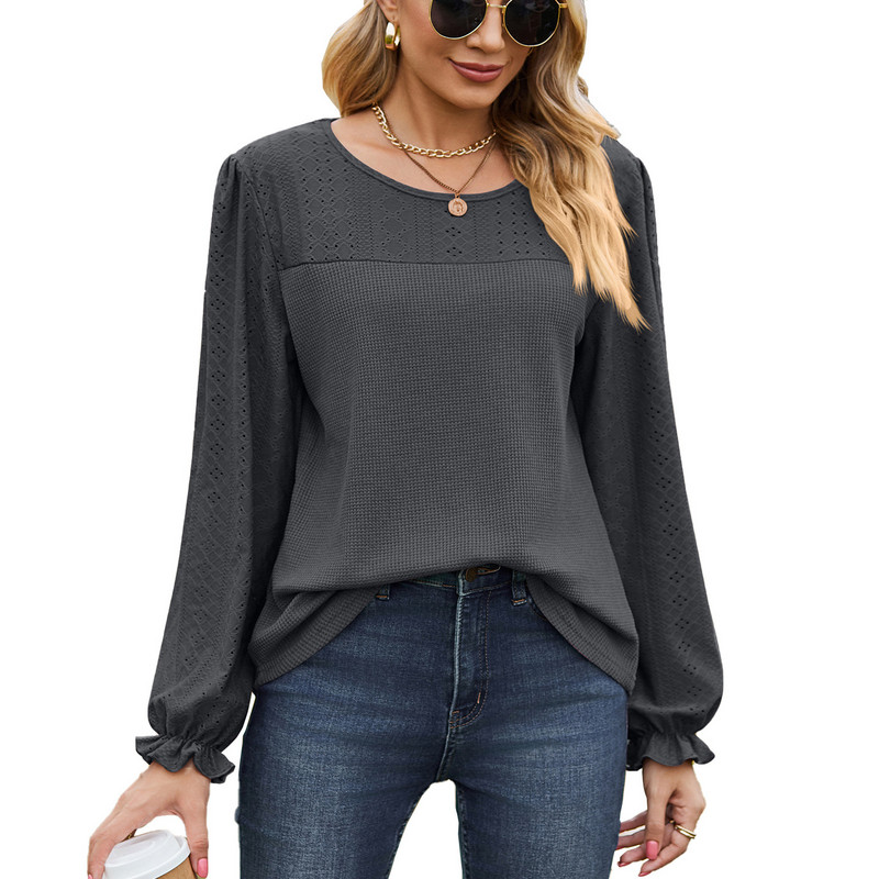 Dámske voľné ležérne tričko s dlhým rukávom na jar a jeseň, okrúhly výstrih, jednofarebné