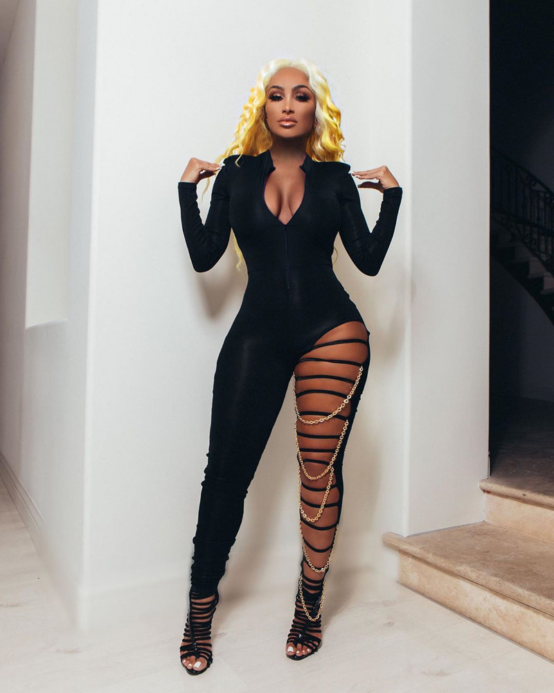 Zip Hole Deep V Chain Slim-Fit ženske hlače seksi ženske crne hlače veće veličine