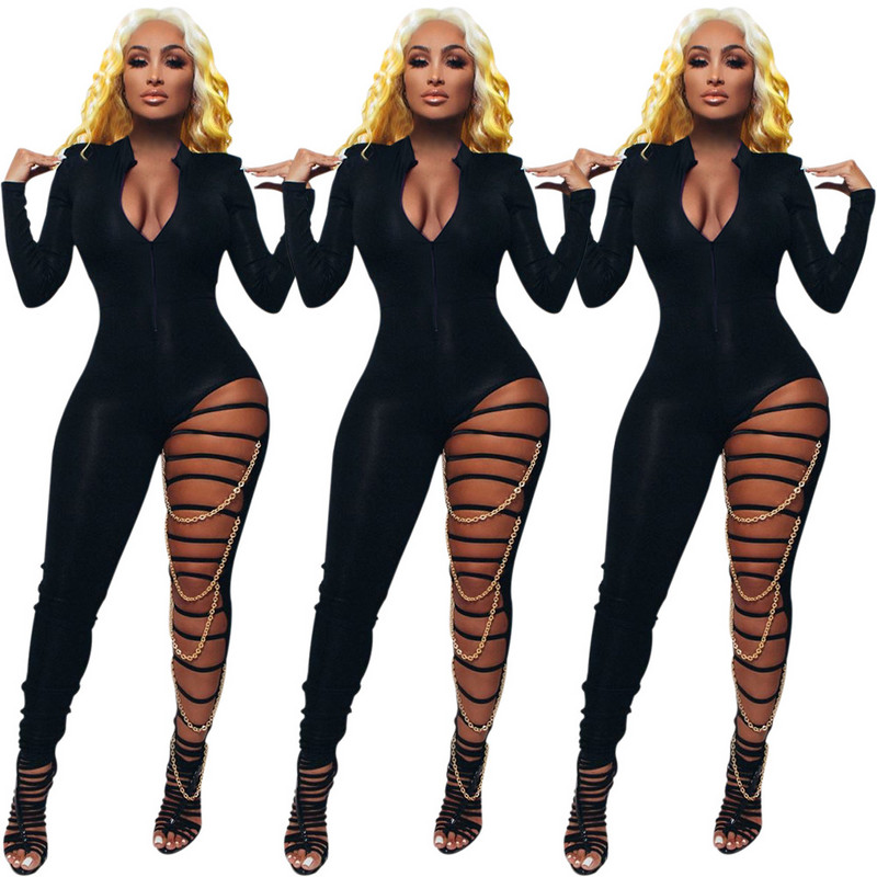 Zip Hole Deep V Chain Slim-Fit ženske hlače seksi ženske crne hlače veće veličine