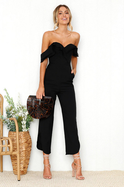 SINFEEL Sexy fără bretele, fără spate, cu umăr, salopetă neagră pentru femei, cu volane, talie înaltă, salopete lungi, salopetă ocazională pentru femei