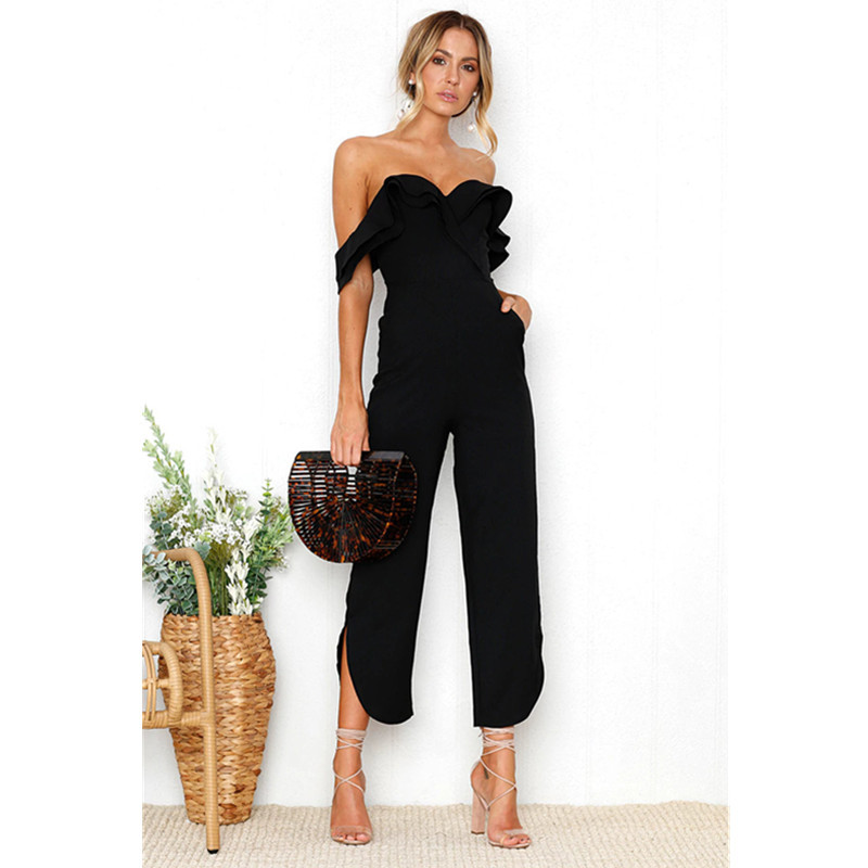 SINFEEL Sexy fără bretele, fără spate, cu umăr, salopetă neagră pentru femei, cu volane, talie înaltă, salopete lungi, salopetă ocazională pentru femei