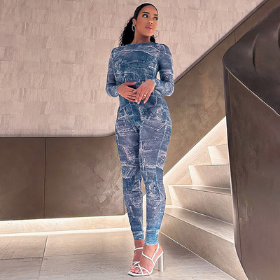 BKLD ținute de iarnă pentru femei 2023, toamnă, noua îmbrăcăminte de stradă, strâns, imprimeu din denim, cu mânecă lungă, pantaloni dintr-o bucată, salopete