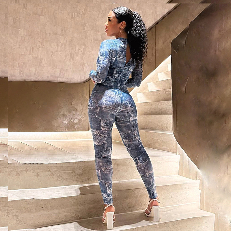 BKLD ținute de iarnă pentru femei 2023, toamnă, noua îmbrăcăminte de stradă, strâns, imprimeu din denim, cu mânecă lungă, pantaloni dintr-o bucată, salopete