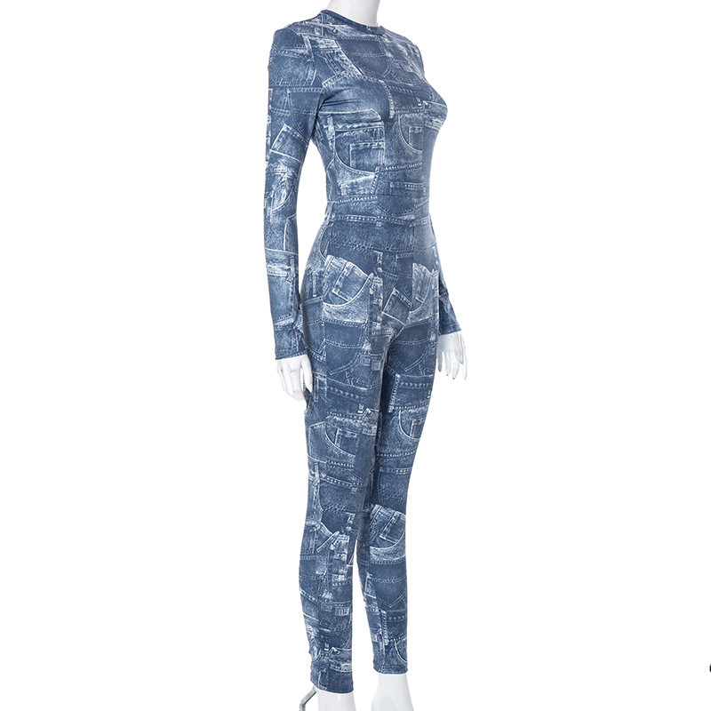 BKLD ținute de iarnă pentru femei 2023, toamnă, noua îmbrăcăminte de stradă, strâns, imprimeu din denim, cu mânecă lungă, pantaloni dintr-o bucată, salopete