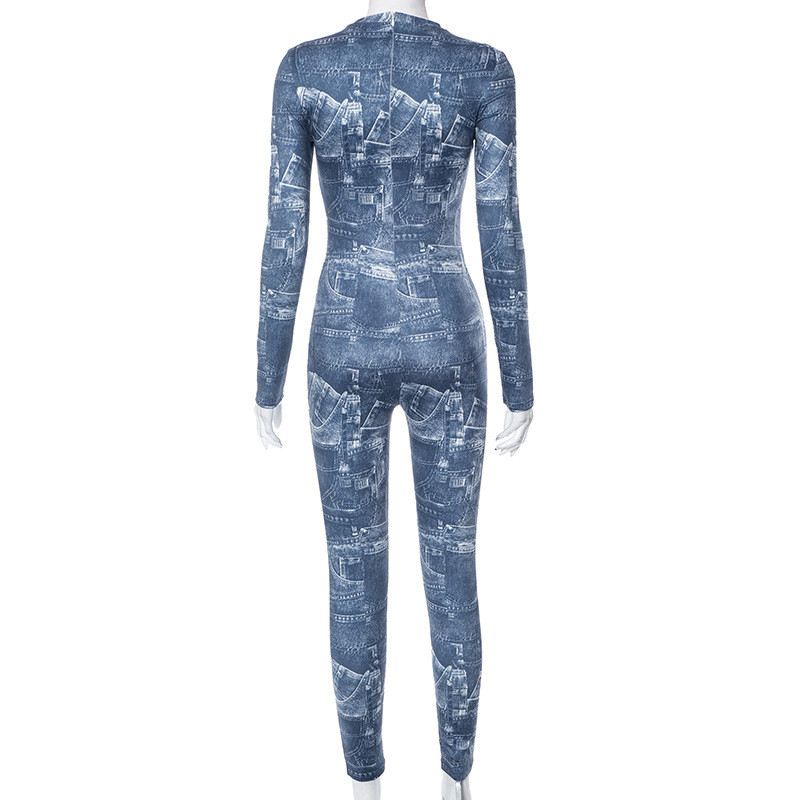 BKLD ținute de iarnă pentru femei 2023, toamnă, noua îmbrăcăminte de stradă, strâns, imprimeu din denim, cu mânecă lungă, pantaloni dintr-o bucată, salopete