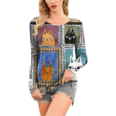 Retro ženska majica kratkih rukava Anime mačka grafička odjeća za djevojke Ljetne majice s O-izrezom dugih rukava Ženska Harajuku ulična odjeća Prevelika bluza