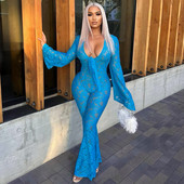 BKLD 2023 Jesenné nové čipkované sieťované vykrojené úzke nohavice s dlhým rukávom, overal s jednodielnym strihom, párty, nočný klub