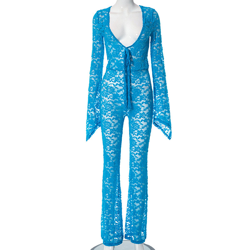 BKLD 2023 Jesenné nové čipkované sieťované vykrojené úzke nohavice s dlhým rukávom, overal s jednodielnym strihom, párty, nočný klub