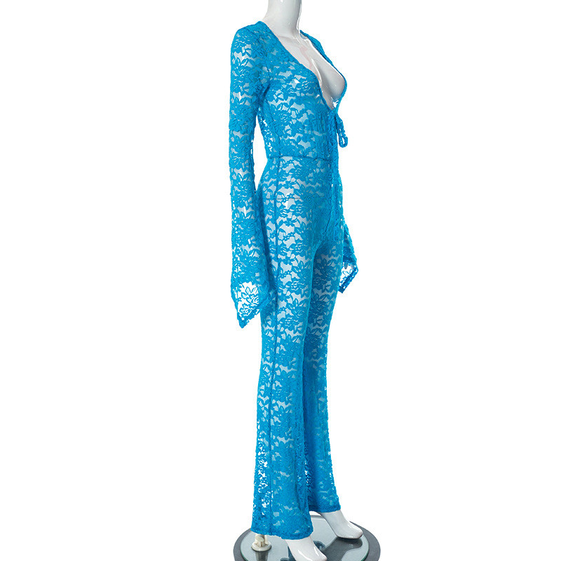 BKLD 2023 Jesenné nové čipkované sieťované vykrojené úzke nohavice s dlhým rukávom, overal s jednodielnym strihom, párty, nočný klub