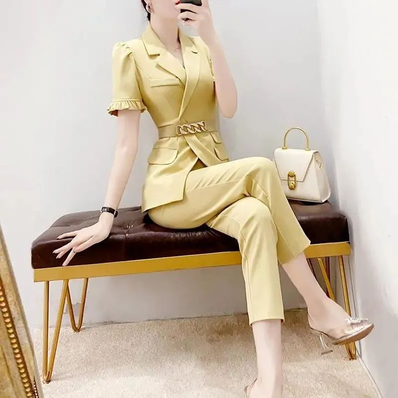 Dámske 2-dielne nohavicové súpravy do práce, bavlnený outfit, kancelárske sako a dvojdielna súprava nohavíc pre ženy, profesionálna móda