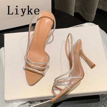 Liyke Slingback Sandals Дамски модни приплъзващи се кристални каишки на гърба Прозрачни обувки с отворени пръсти на висок ток Летни парти обувки Дамски помпи