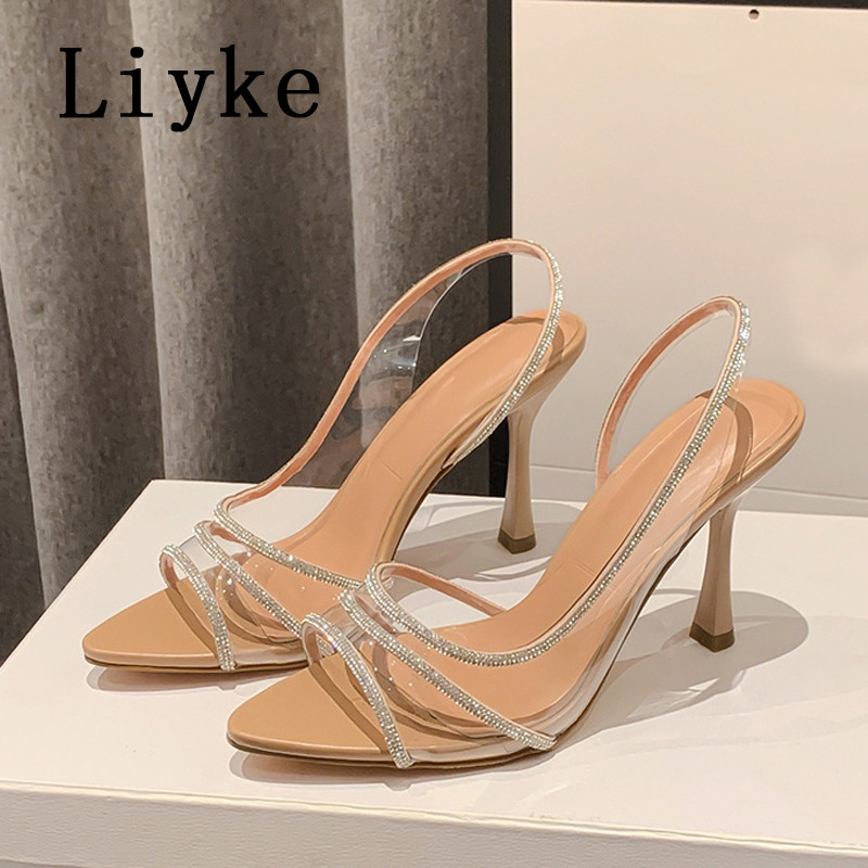 Liyke Slingback sandale Ženske modne natikače s kristalnim remenčićem za leđa Prozirne visoke potpetice Otvoreni prsti Ljetne cipele za zabavu Ženske cipele