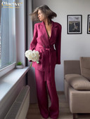 Dámske ležérne voľné ružové 2-dielne súpravy Clacive, outfit 2023, módne tričko s dlhým rukávom a šnurovaním s vysokým pásom a širokými nohavicami, súprava