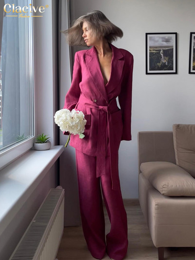 Dámske ležérne voľné ružové 2-dielne súpravy Clacive, outfit 2023, módne tričko s dlhým rukávom a šnurovaním s vysokým pásom a širokými nohavicami, súprava