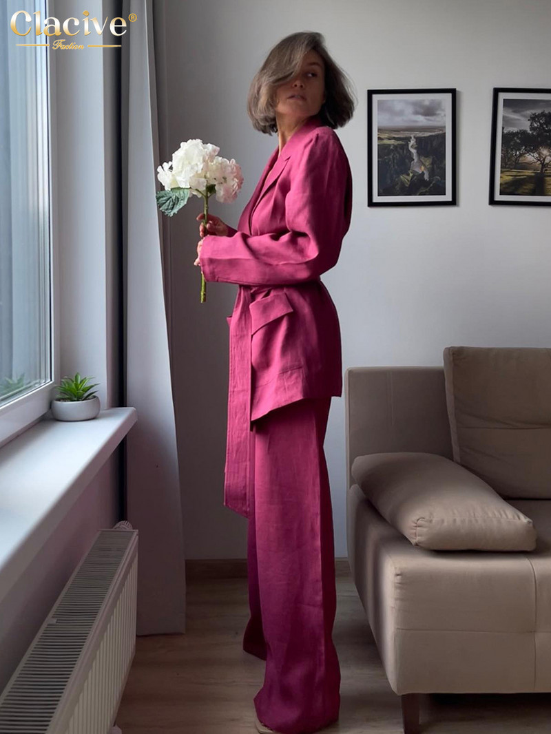 Dámske ležérne voľné ružové 2-dielne súpravy Clacive, outfit 2023, módne tričko s dlhým rukávom a šnurovaním s vysokým pásom a širokými nohavicami, súprava