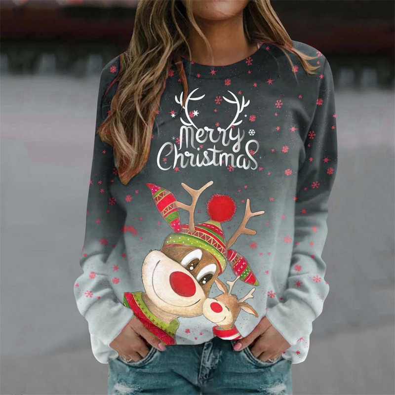 Dámske zimné tričko s dlhým rukávom, vianočné tričko s 3D potlačou a losmi, bavlnené tričko, veľkosť 5xl, dámske topy, oblečenie, módne ležérne tričko.