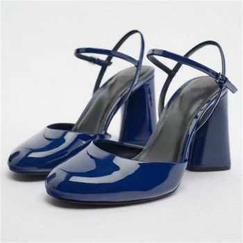 Σανδάλια Γυναικεία 2023 Μπλε μαλακό λουστρίνι ντιζάιν παπούτσια για γυναίκες Χοντρό στρογγυλά δάχτυλα Ψηλοτάκουνα κούφια σανδάλια χειροποίητα