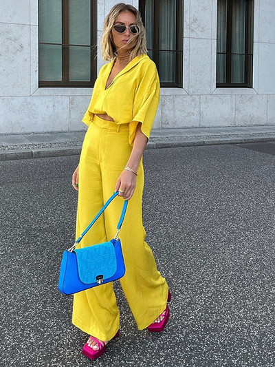 Costum Pantaloni Galbeni Femei Chic Decolteu în V Topuri cu jumătate de mânecă și Set de pantaloni cu talie înaltă 2023 Vară Casual Picioare Late Ținute Femeii