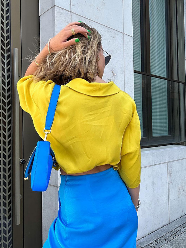 Dámske žlté nohavice, elegantný top s výstrihom do V a polovičným rukávom, nohavice s vysokým pásom, letné ležérne široké nohavice, dámske outfity 2023