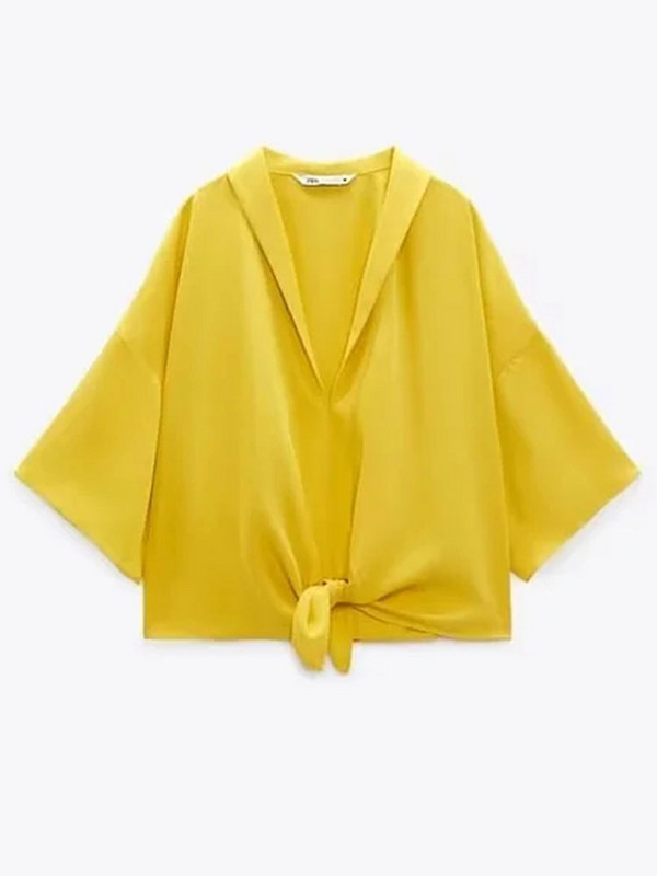 Dámske žlté nohavice, elegantný top s výstrihom do V a polovičným rukávom, nohavice s vysokým pásom, letné ležérne široké nohavice, dámske outfity 2023