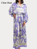 Elegantné fialové potlačené dvojdielne súpravy pre ženy, módne dlhé rukávy s klopou, skladané nohavice so širokými nohavicami, ležérne outfity