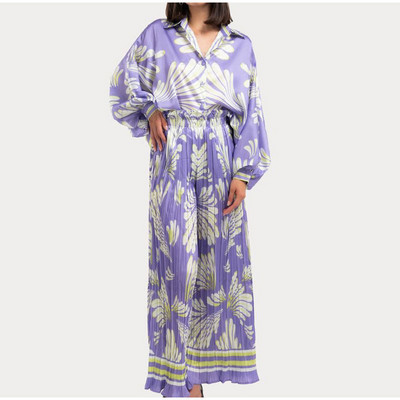 Elegantné fialové potlačené dvojdielne súpravy pre ženy, módne dlhé rukávy s klopou, skladané nohavice so širokými nohavicami, ležérne outfity