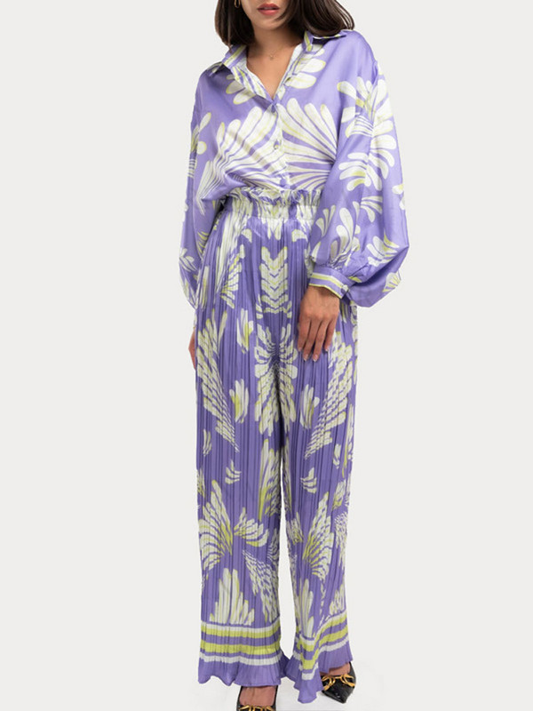 Elegantné fialové potlačené dvojdielne súpravy pre ženy, módne dlhé rukávy s klopou, skladané nohavice so širokými nohavicami, ležérne outfity