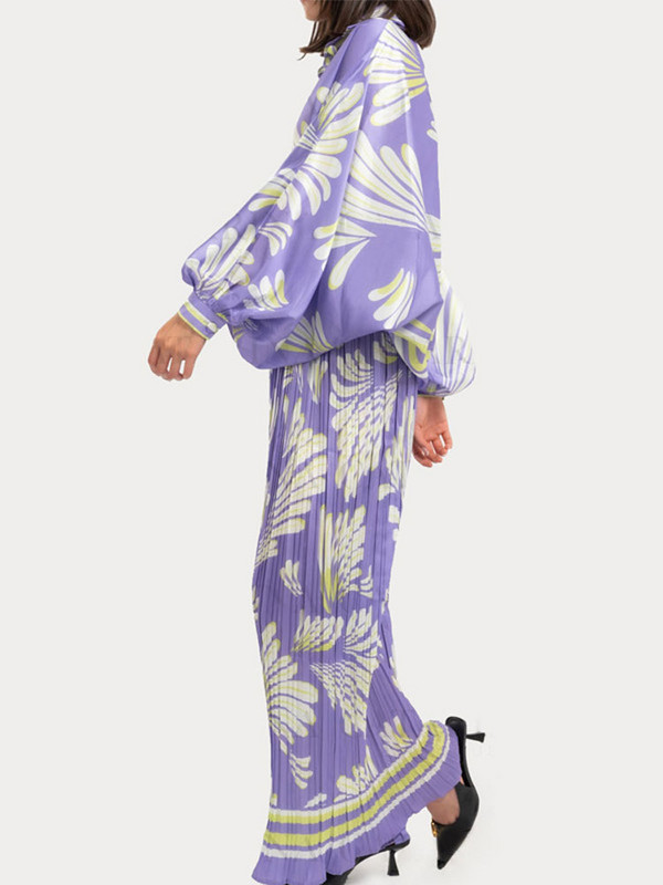 Elegantné fialové potlačené dvojdielne súpravy pre ženy, módne dlhé rukávy s klopou, skladané nohavice so širokými nohavicami, ležérne outfity