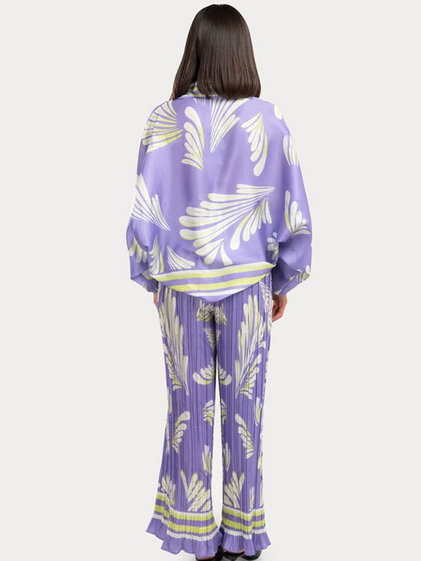 Elegantné fialové potlačené dvojdielne súpravy pre ženy, módne dlhé rukávy s klopou, skladané nohavice so širokými nohavicami, ležérne outfity