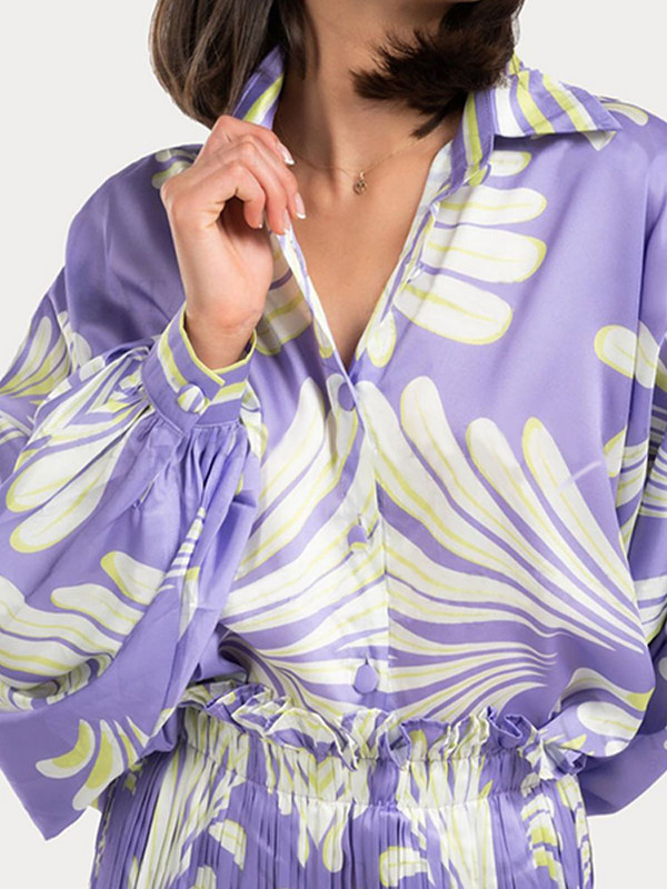 Elegantné fialové potlačené dvojdielne súpravy pre ženy, módne dlhé rukávy s klopou, skladané nohavice so širokými nohavicami, ležérne outfity