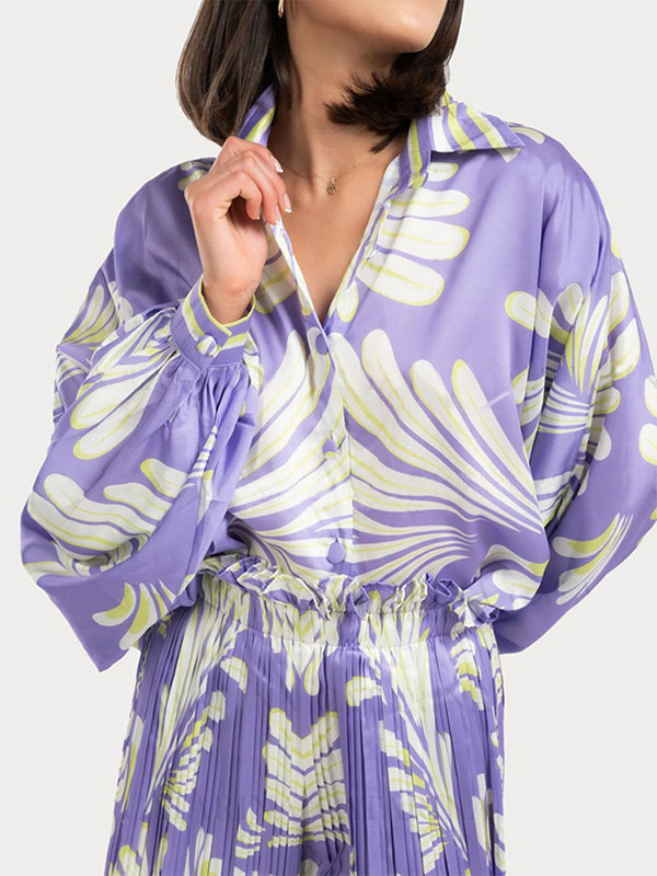 Elegantné fialové potlačené dvojdielne súpravy pre ženy, módne dlhé rukávy s klopou, skladané nohavice so širokými nohavicami, ležérne outfity