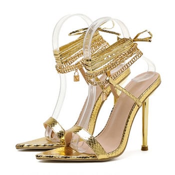 Дамски сандали Високи токчета 12CM Нова верига с каишка на глезена Златисто-бели дамски парти обувки с остри пръсти Sandalias de mujer Размер 35-42
