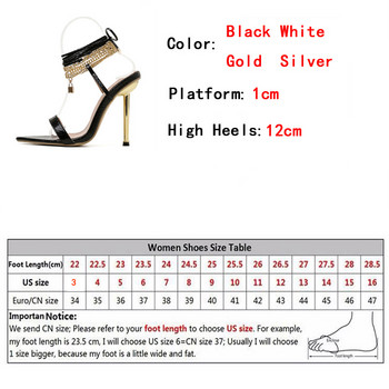 Γυναικεία πέδιλα Ψηλοτάκουνα 12 εκ. Νέα αλυσίδα λουράκι αστραγάλου χρυσό Λευκή μύτη Γυναικεία παπούτσια για πάρτι Sandalias de mujer Μέγεθος 35-42