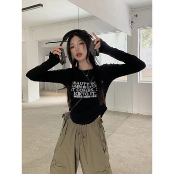 2023 Crop Tops για γυναίκες Κορεάτικη αισθητική Y2K Harajuku Streetwear Ακανόνιστο λεπτό, καθημερινό γράμμα με μακρυμάνικο μπλουζάκι Ρούχα