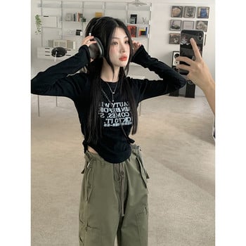 2023 Crop Tops για γυναίκες Κορεάτικη αισθητική Y2K Harajuku Streetwear Ακανόνιστο λεπτό, καθημερινό γράμμα με μακρυμάνικο μπλουζάκι Ρούχα