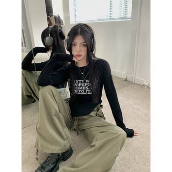 2023 Crop Tops για γυναίκες Κορεάτικη αισθητική Y2K Harajuku Streetwear Ακανόνιστο λεπτό, καθημερινό γράμμα με μακρυμάνικο μπλουζάκι Ρούχα