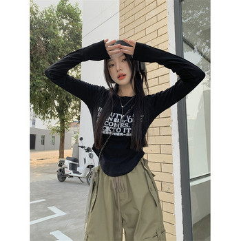 2023 Crop Tops για γυναίκες Κορεάτικη αισθητική Y2K Harajuku Streetwear Ακανόνιστο λεπτό, καθημερινό γράμμα με μακρυμάνικο μπλουζάκι Ρούχα