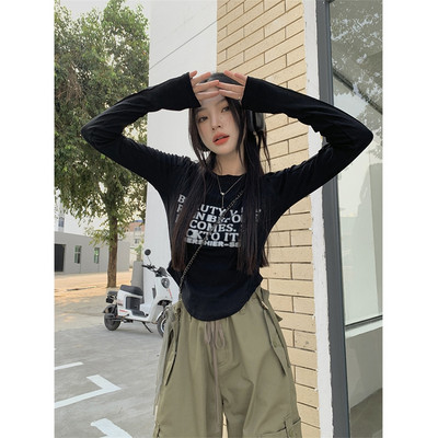 2023 Crop tops pentru femei estetică coreeană Y2K Harajuku Streetwear neregulat subțire casual cu litere imprimeu tricou cu mânecă lungă haine