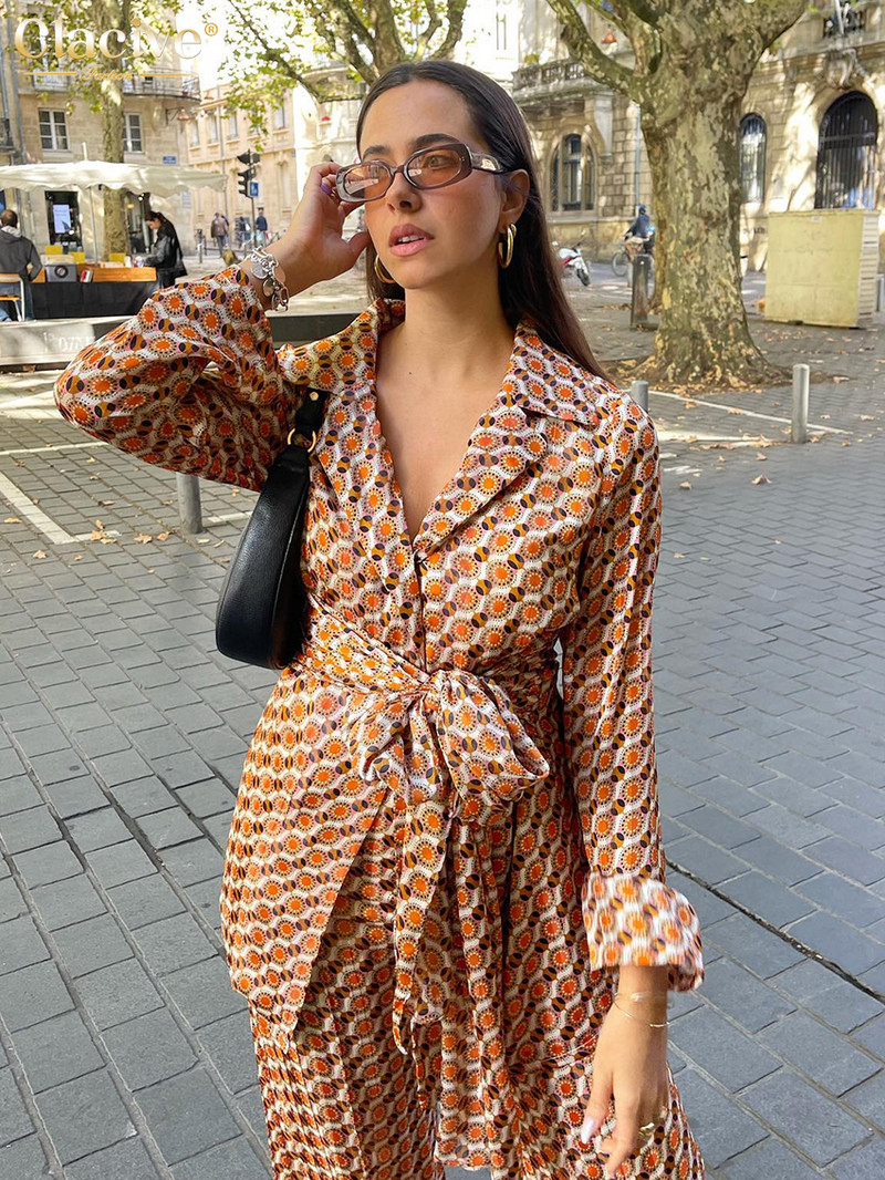 Clacive Fashion Loose Pirnt dvodijelni kompleti Ženska odjeća Ležerna majica dugih rukava na vezanje s visokim strukom Komplet ravnih hlača