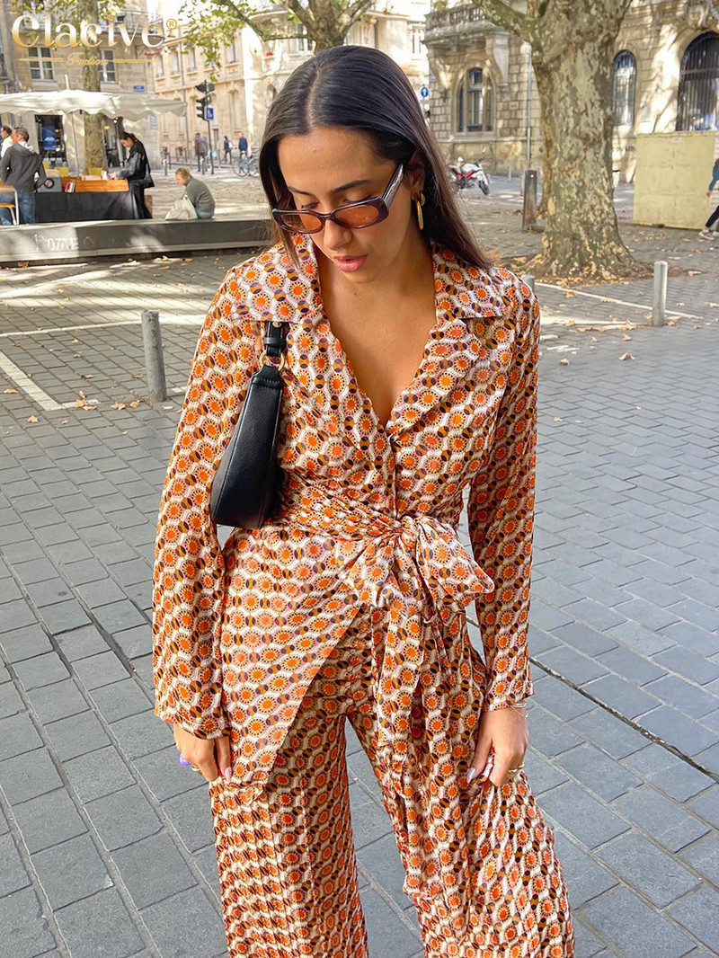 Clacive Fashion Loose Pirnt dvodijelni kompleti Ženska odjeća Ležerna majica dugih rukava na vezanje s visokim strukom Komplet ravnih hlača