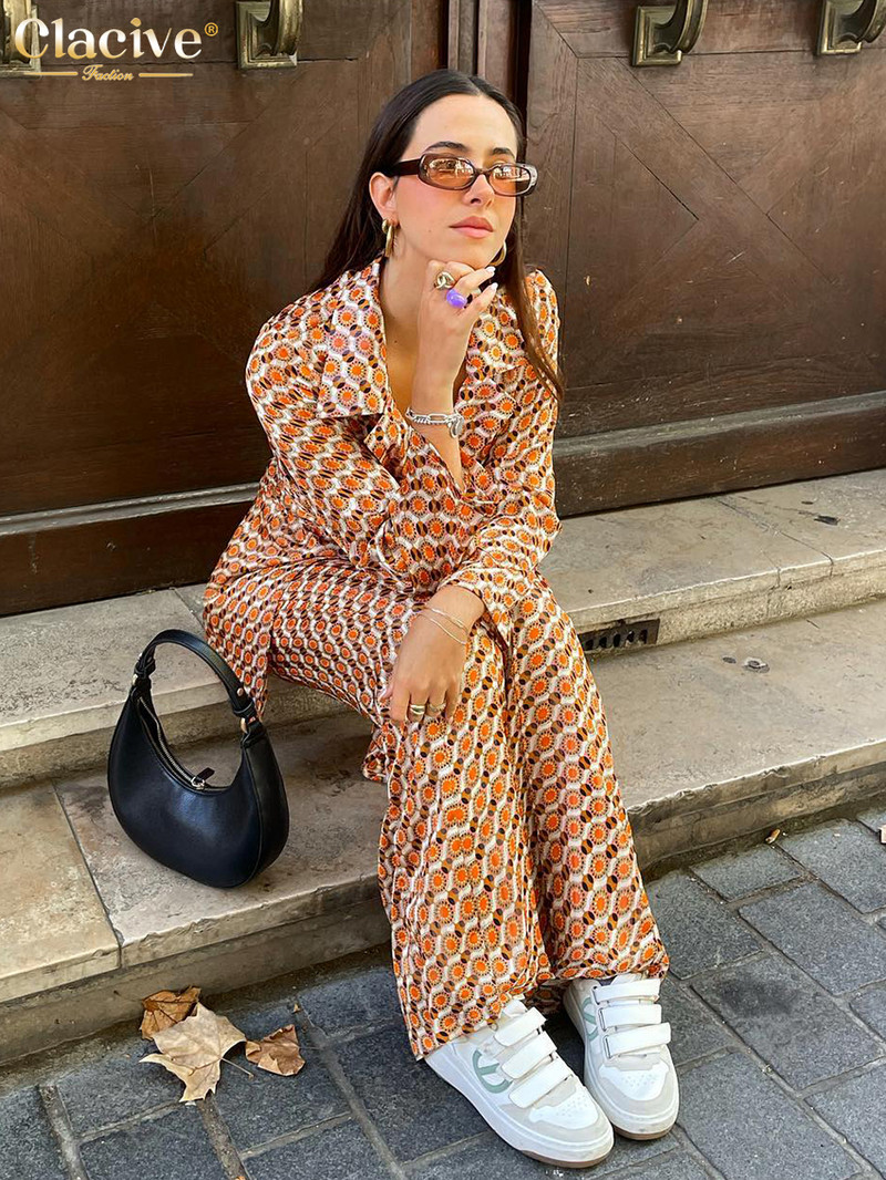 Clacive Fashion Loose Pirnt dvodijelni kompleti Ženska odjeća Ležerna majica dugih rukava na vezanje s visokim strukom Komplet ravnih hlača