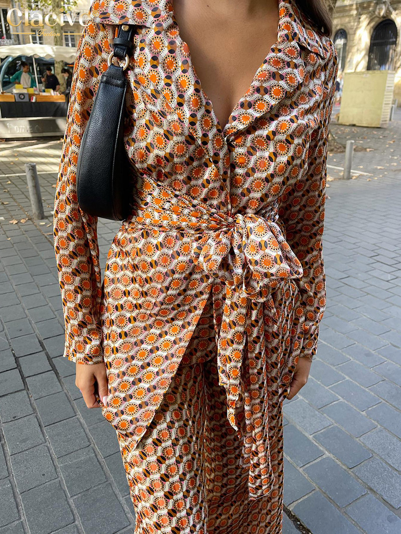 Clacive Fashion Loose Pirnt dvodijelni kompleti Ženska odjeća Ležerna majica dugih rukava na vezanje s visokim strukom Komplet ravnih hlača