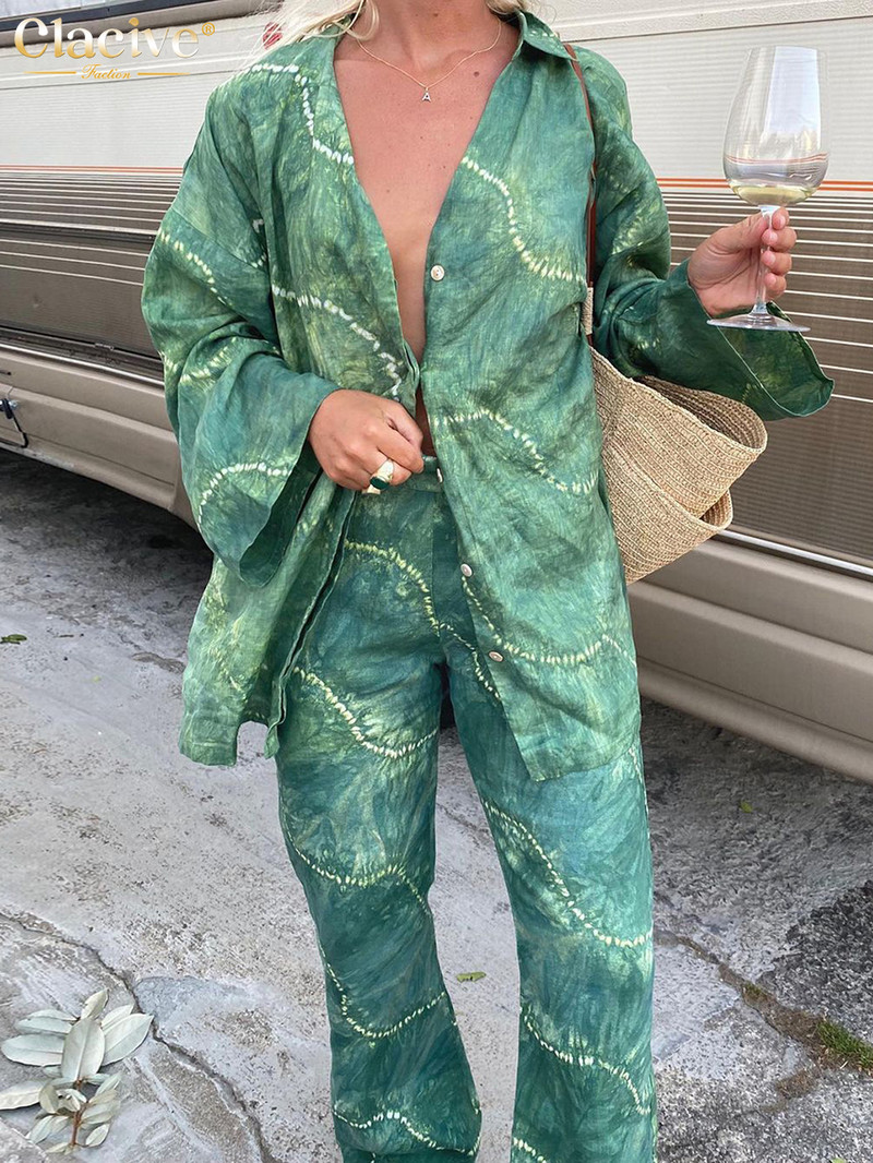 Clacive Modna majica dugih rukava Kompleti od 2 komada Ženska odjeća Elegantni komplet širokih hlača s printom Ležerne blagdanske hlače Odijela Ženska