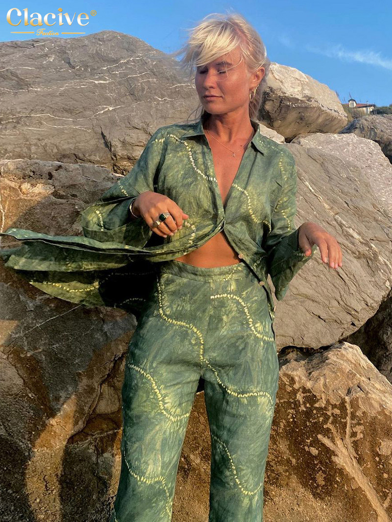 Clacive Modna majica dugih rukava Kompleti od 2 komada Ženska odjeća Elegantni komplet širokih hlača s printom Ležerne blagdanske hlače Odijela Ženska